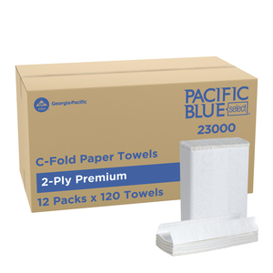 Serviettes en papier Pacific Blue Select Premium C-Fold 2 plis, blanches, largeur pliée 3,6 po, 120 serviettes/paquet, 12 paquets/caisse (23000) - Product Image 1