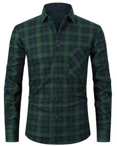 Camisa de Franela a Cuadros Negra y Verde Oscuro Personalizada para Hombre, Manga Larga, con Botones, Bolsillo en el Pecho, Cálida y Suave, OEM Personalizado - Product Image 1