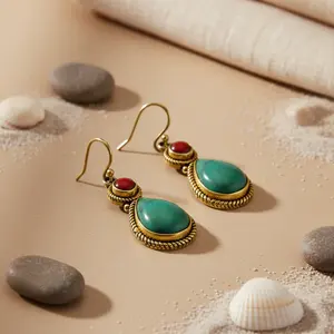 Pendientes de Lágrima con Baño de Oro para Mujer, con Turquesa y Piedras Preciosas Rojas, Joyería de Moda - Product Image 2