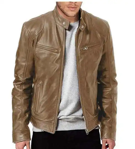 Men's Brown PU <b>Leather</b> Moto <b>Jacket</b> Slim Fit Zipper Closure Stand Collar Regular Sleeve Autumn Style - Product Image 1