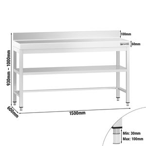 Commercial <b>Stainless</b> <b>Steel</b> <b>Table</b> with Upstand PREMIUM - 1500x600mm - with Undershelf - with Rear Upstand - with Additional - Product Image 2