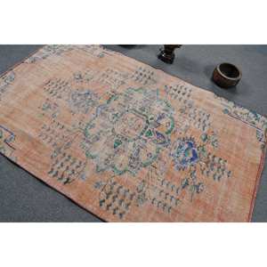 Alfombra de lana azul beige vintage de 4.4x7ft, alfombra turca clásica de área grande, patrones de pasillo de retazos abstractos, respaldo de látex para habitaciones - Product Image 4