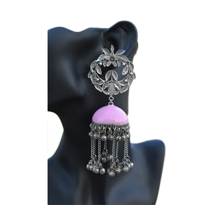 handmade traditional 2025 <b>silver</b> look alike brass meenakari stud ghungro <b>long</b> jhumka hoop earing for girls and women - Product Image 1