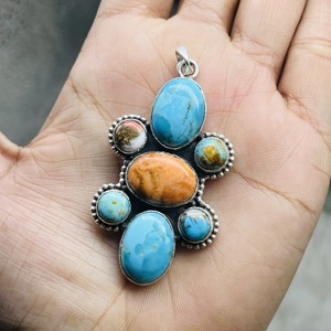 Colgante de turquesa de cobre de ostra, colgante de piedras preciosas de turquesa de Plata de Ley 925, joyería de plata, colgante hecho a mano de diseñador - Product Image 3