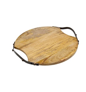 Plateau de service en bois Plateau de charcuterie Plateau à fromages avec poignées en métal Plateau décoratif rond Taille personnalisée Couleur bois naturel - Product Image 1