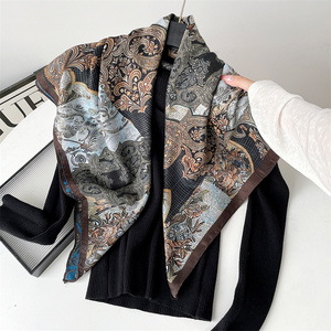 Pañuelo de Seda con Estampado Floral Paisley Antiguo para Mujer, Color Bronce y Azul, Lujoso, 90 cm, Cuadrado, Hiyab, Chal para Bodas y Regalos - Product Image 1