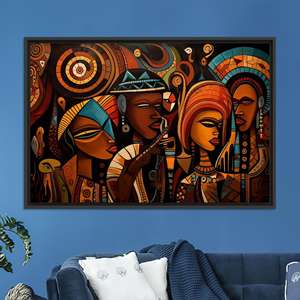 Impresión en Lienzo de Figuras Étnicas Africanas Vibrantes, Obra de Arte Tribal, Lienzo con Marco Negro - Product Image 1