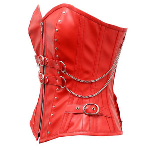 MAKUM INTERNATIONAL Red Leather Anti-bacterial Gothic <b>Corset</b> Waist Trainer Women's Body Shaper Zipper Closure Outer Wear <b>Bustier</b> - Product Image 3