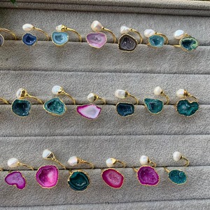 Handmade Natural Crystallized Druzy Pearl <b>Ring</b> <b>Gold</b> 18K Electroplated Adjustable Copper <b>Dainty</b> Freshwater Pearl Party <b>Ring</b> - Product Image 5