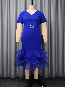 Robe de soirée bleue sirène à col en V, manches courtes, volants superposés pour femme ADR060242 - Product Image 4