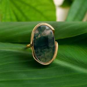 Oval <b>Moss</b> <b>Agate</b> <b>Ring</b> 18K Gold Vermeil Statement Jewelry - Product Image 5