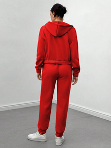 เสื้อแจ็คเก็ตมีฮู้ดและกางเกงขายาวเสื้อสเวตเตอร์เปล่า2ชิ้นพร้อมผ้าปะติดชุดเสื้อแจ็กเก็ตมีซิปมีฮู้ดสีพื้น - Product Image 2