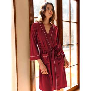 Bata de Salón para Mujer de Bambú, Suave y Transpirable, Tejida con Spandex, Estampado Personalizable, con Cordón Ajustable, para Otoño/Invierno, Bata de Noche, Bata de Spa - Product Image 1