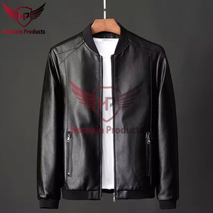 <b>Mens</b> Real Tan <b>Leather</b> Bomber <b>Jacket</b> Black Rib Collar Zip Side Pockets Sheepskin Camel Flight Coat Custom Brown Winter Outerwear - Product Image 4