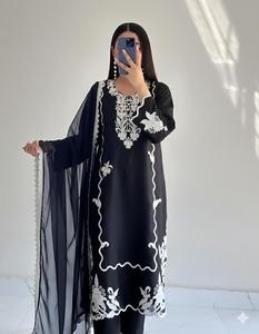 Cousu 3 pièces Anarkali ensemble prêt à porter brodé chemise en soie lacets orné mousseline de soie Dupatta pantalon en soie pour indien - Product Image 2