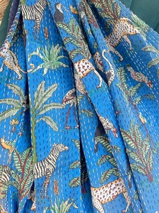 Kantha Stitch Pure Cotton Reversible <b>Bed</b>/Sofa <b>Throw</b> Handmade Floral Dohar Royal Blue Safari Tropical Exotic Forest Winter Hotels - Product Image 3