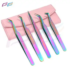 5 Pieces Eyelash Tweezers Sets Straight Curved Tip Eyelash Extensions Tweezers Rainbow Titanium Coated Lashes Tweezers