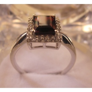 <b>Garnet</b> and White Topaz Gemstone <b>Ring</b> Emerald/Oval Cut Natural Stone Geometric Pattern Rhodium Plated Setting Inlay for Gift - Product Image 1