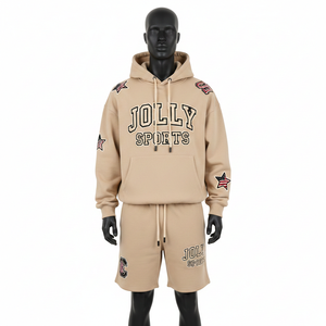 Heavyweight 320 GSM Cotton Poly Fleece Hoodies And <b>Shorts</b> Set <b>Men</b> Beige Casual Outfit Custom Logo Embroidery <b>Patch</b> - Product Image 1