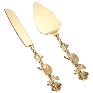 Couteau à gâteau en acier et couteau de serveur de gâteau avec conception de feuille dans pour les fêtes de mariage d'événement d'anniversaire utilisent la poignée en laiton - Product Image 6