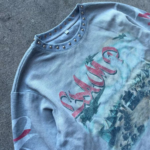 Customized Cotton Waffle T Shirt For <b>Men</b> Oversized Boxy Fit <b>Cropped</b> Long Sleeve Drop Shoulder DTG Print With Rhinestone Studs - Product Image 5