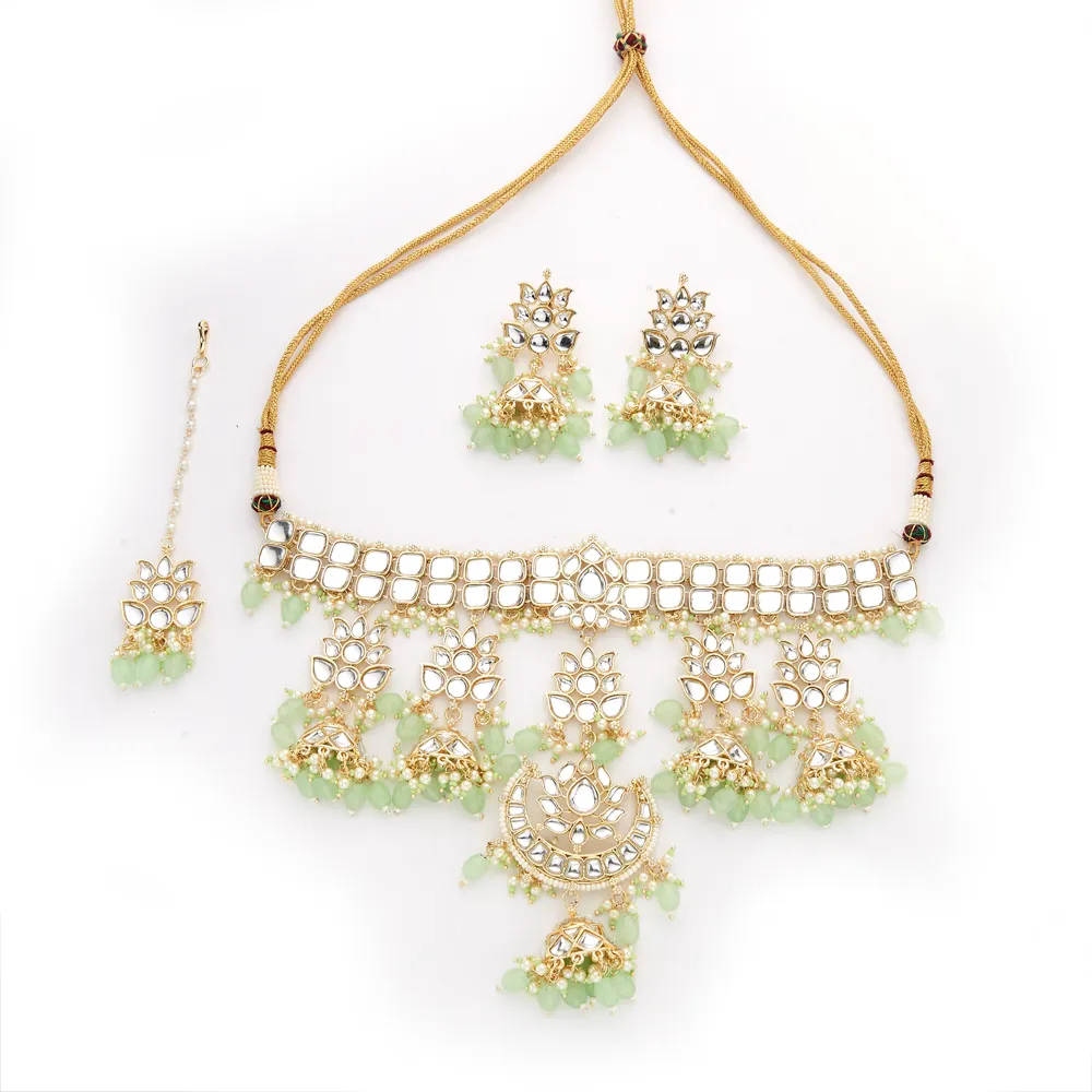 זהב מצופה בעבודת יד הודו מערבי קלאסי פרל קולר שרשרת סט 108127 תכשיטים מלאכותי בהודו
