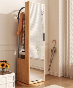 Wooden Minimalist Wedding Floor <b>Mirror</b> Rotating <b>Full</b> <b>Length</b> Vanity with Hanger Storage <b>Stand</b> for Bedroom Living Room - Product Image 1