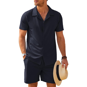 Conjuntos de pantalones cortos para hombre, venta al por mayor de verano con logotipo personalizado 100% algodón, conjuntos de 2 piezas, conjunto de camisa y pantalones cortos - Product Image 1