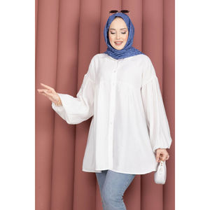 Tunique simple et tendance à manches ballon, détails froncés, en popeline de coton satiné blanc imprimé, décontractée pour le quotidien, tailles XL, L, XL, pour le printemps et l'automne - Product Image 2
