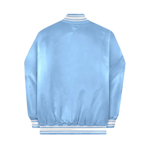 Chaqueta de béisbol Bomber de satén de seda completamente brillante para hombre, puños a rayas de alta calidad, chaquetas con ribete de costilla frontal con botón a presión - Product Image 2