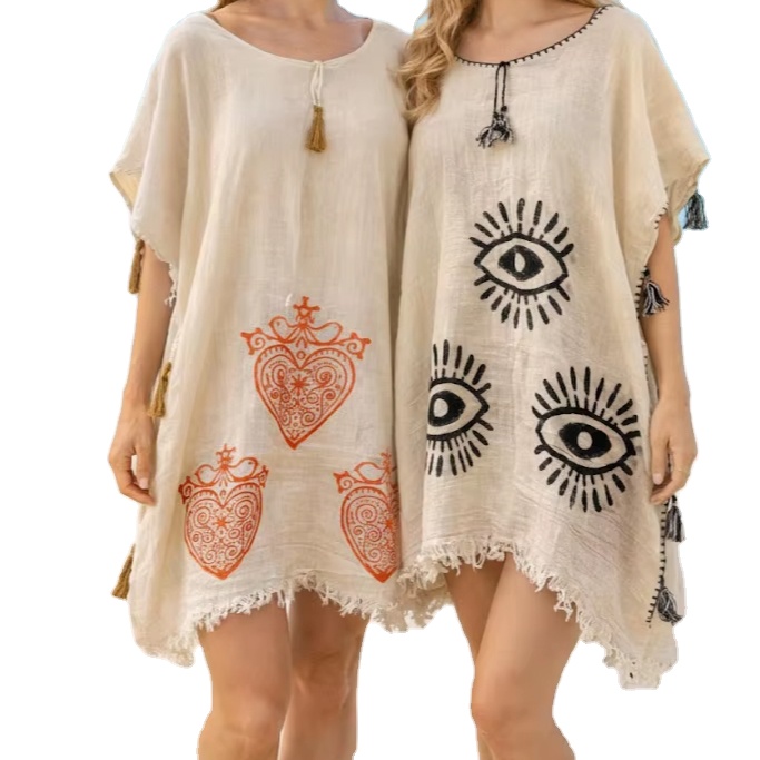 Boho-Chic Relax Breathable Cotton Viscose Muslin Beach Tunic Kimono Style Digital Printing Geometric/Floral/Patchwork Patterns