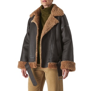 <b>Women's</b> Black Genuine Sheepskin Sherpa Shearling Winter Warm Fashion Regular Fit Leather <b>Jacket</b> V-neck Collar Customized Size - Product Image 1