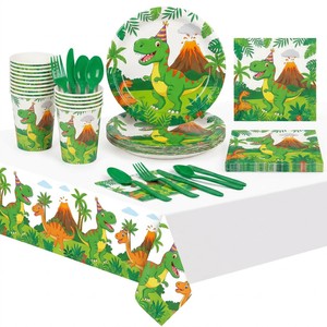 Ensemble complet de vaisselle de fête sur le thème des dinosaures - 24 assiettes, gobelets et serviettes en papier jetables pour la décoration d'<span class=keywords><strong>anniversaire</strong></span> d'un garçon - Product Image 1