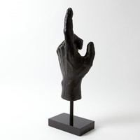 Sculpture de main moderne en aluminium plaqué argent poli avec glaçure noire, sur base en granit haute, style Art Déco antique, doigt pointant