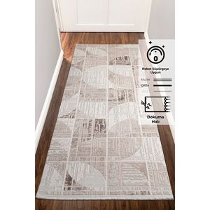 Konfor Elex 5207 Tapis de couloir tissé moderne Motif géométrique à franges droites brunes Matériau en polyester durable fabriqué à la machine - Product Image 4