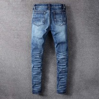 Pantalones vaqueros de mezclilla elásticos para hombre, de corte recto, estilo vintage, con patchwork, lavados, ajustados, para uso urbano, con MOQ bajo