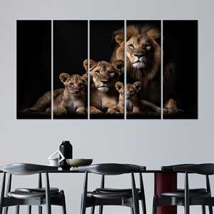 Retrato de una Familia de Leones: Impresión en Lienzo de Vida Silvestre Majestuosa, Juego de 5 Lienzos - Product Image 1