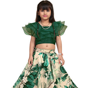 Conjunto de Lehenga Choli Largo con Estampado Floral para Niñas, Marca Shoryam, Top Corto con Mangas con Volantes, Estampado Digital, Ropa Étnica para Fiestas y Bodas - Product Image 1