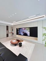 Meuble TV mural moderne personnalisé pour hôtel avec armoires de rangement et étagères de présentation, rétroéclairage LED, meubles de salon en bois