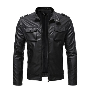 Veste en cuir à manches longues décontractée pour hommes d'affaires avec col à capuche, fermeture à glissière diagonale de couleur unie en tissu pour hommes - Product Image 6