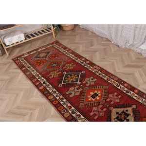 Vintage Rug, <b>Runner</b> 3.1x11.8 ft Rug, Herki <b>Red</b> Moroccan Rug - Product Image 4