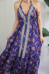 Boho imprimé Maxi robe Design fleur impression en mousseline de soie licou dos nu sans manches de haute qualité élégant plage fête - Product Image 4