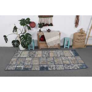 Alfombra Turca Vintage de 3.2x7.1 pies, Alfombra Decorativa, Alfombra Azul con Diseño de Patchwork - Product Image 3