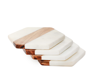 Dessous de verre en bois d'acacia et marbre Dessous de verre à vin de cuisine Bar décoratif Bureau-Protection de bureau utilisée - Product Image 1