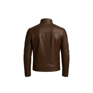 เสื้อแจ็คเก็ตหนังบิคเกอร์สีน้ำตาลกาแฟแบบมีซับในสำหรับผู้ชาย - Product Image 2