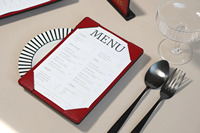Pemegang Menu restoran kulit PU ukuran A4 kustom dengan pola akhir teknik pendukung rajutan Logo timbul untuk Hotel