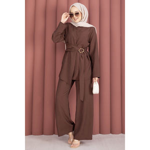 Coffee Brown Crepe and <b>Linen</b> Two-Piece Set Large/XL <b>Top</b> and Pants with Waist Accessory Detail for Summer and Autumn Outfits - Product Image 4