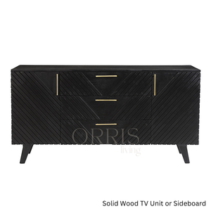 Contemporary Black <b>Media</b> Console - Geometric Carved Wood Sideboard - Luxury Solid Wood TV Stand with 3 <b>Storage</b> Drawers - Product Image 1