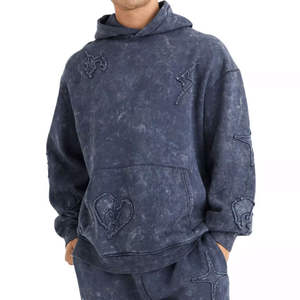 Ensemble de survêtement à capuche brodé en denim délavé de qualité supérieure pour hommes, jogging surdimensionné, ensemble de survêtement en molleton d'hiver, streetwear, fabrication sur mesure, vente en gros - Product Image 3