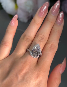 Ensemble de bagues cultivées en moissanite coupe poire 5CT, ensemble de bagues Halo design anneau solide trois côtés demi-bande d'éternité, ensemble de bagues de mariée de mariage - Product Image 3